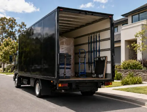 Removalist truck with professional equipment for protecting and moving furniture