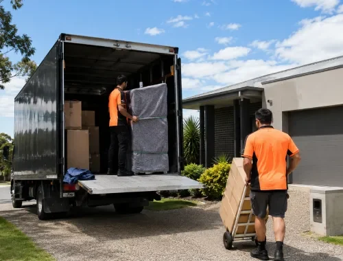 Two removalists with a 5-ton truck and moving equipment for planned moves