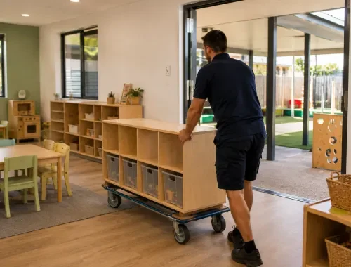 Furniture being transferred between age-group rooms within a childcare facility