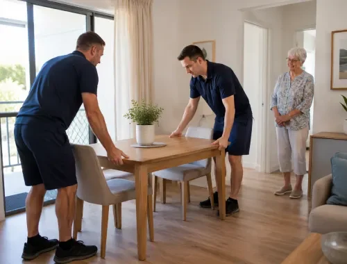 Furniture being moved within a retirement village under facility access requirements