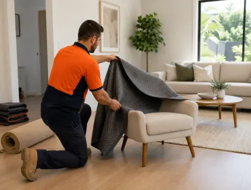 Furniture being relocated within a property for room changes or rearrangement