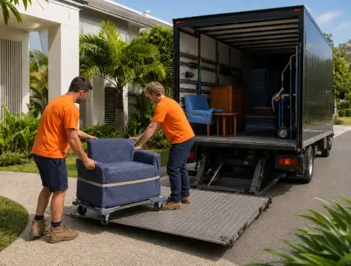 Staging furniture being transferred between properties for coordinated home presentation