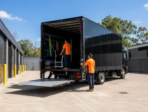 Two removalists working with a truck for a planned furniture move