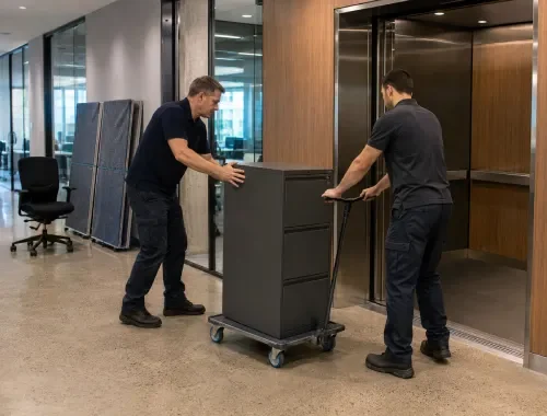 Desks, chairs, shelving and workstations included in an office furniture move