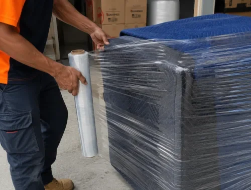 Furniture protected with wrapping before loading and transport